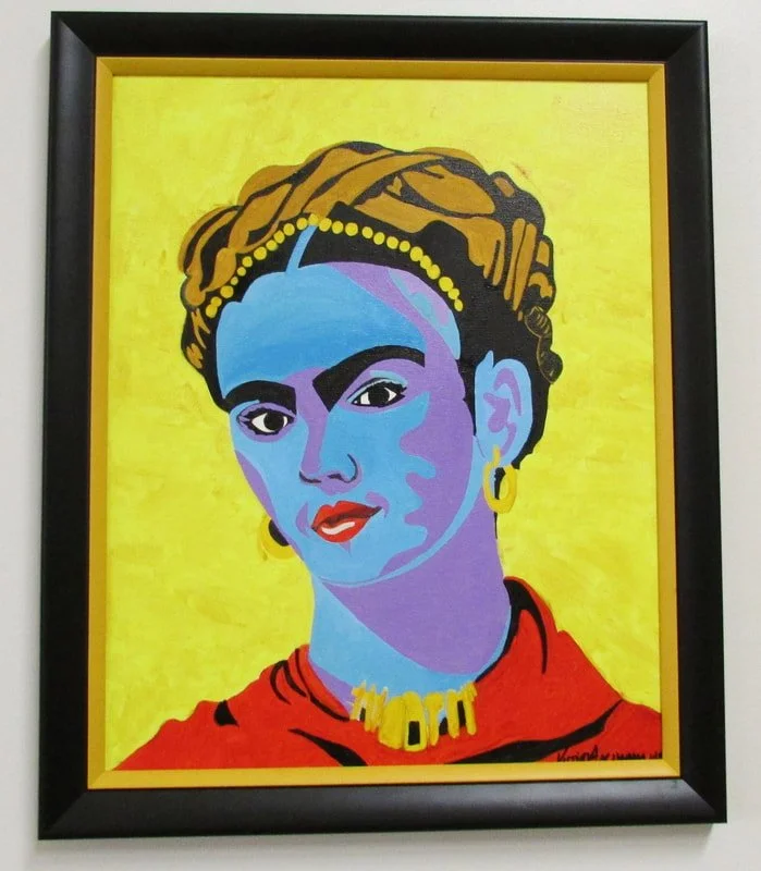 Colorful portrait of a woman with a yellow background, wearing gold earrings and necklace, with stylized features and a red top.