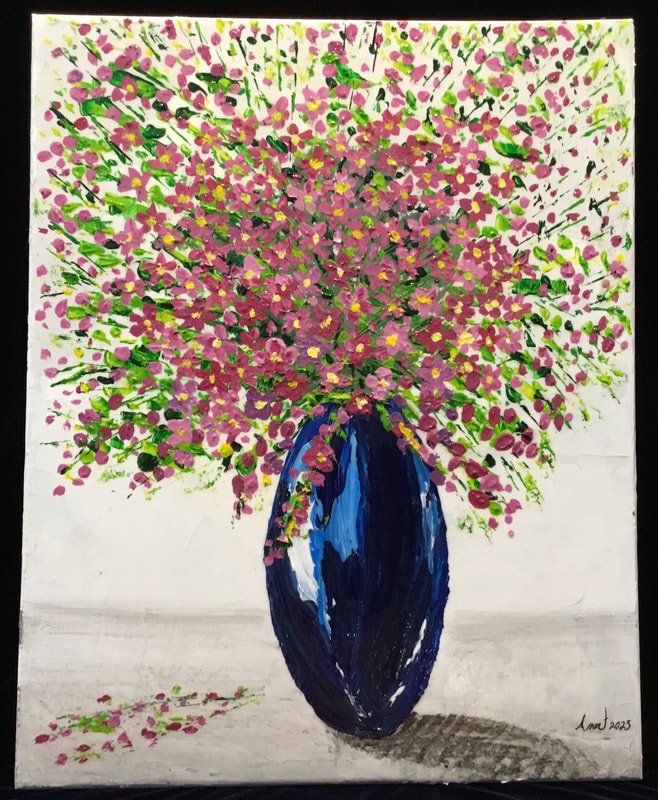 Painting of a pink flowering plant in a blue vase with some fallen petals on a light surface.