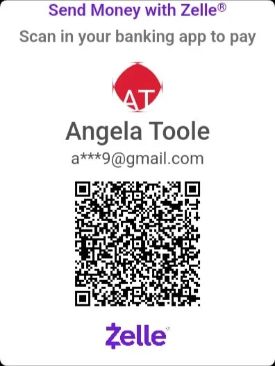 A digital payment QR code with Zelle branding, displaying a name, email, and instructions to scan with a banking app.