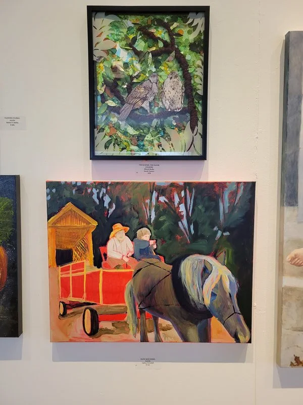 Painting of two women sitting on a red wagon pulled by a gray horse in a lush forest setting.
