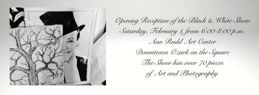 Invitation card for an art exhibition opening reception at Ann Rudd Art Center featuring over 70 pieces of art and photography, scheduled for Saturday, February 1, from 6:00 to 8:00 p.m., located in Downtown Ozark on the Square.