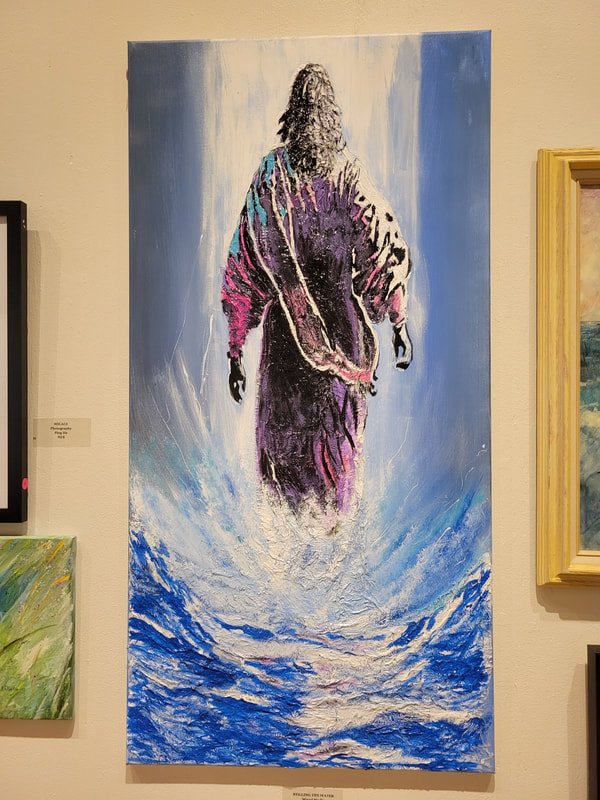 A painting of Jesus Christ walking on water amidst waves, with a colorful and textured background.