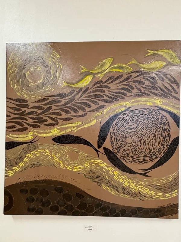 Abstract painting depicting fish, swirling water, and aquatic plants in earth tones with yellow accents.