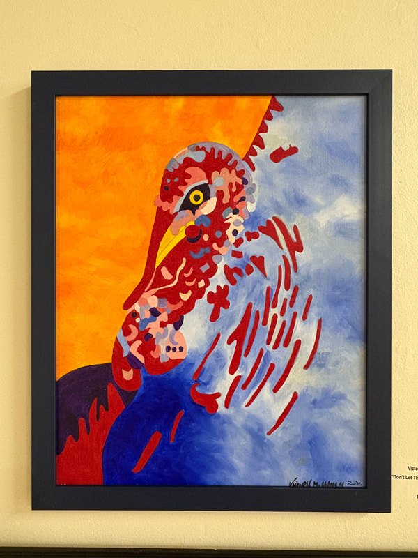 Colorful abstract painting of a bird, with bright orange and blue background, depicting the bird’s face and feathers in a stylized manner.