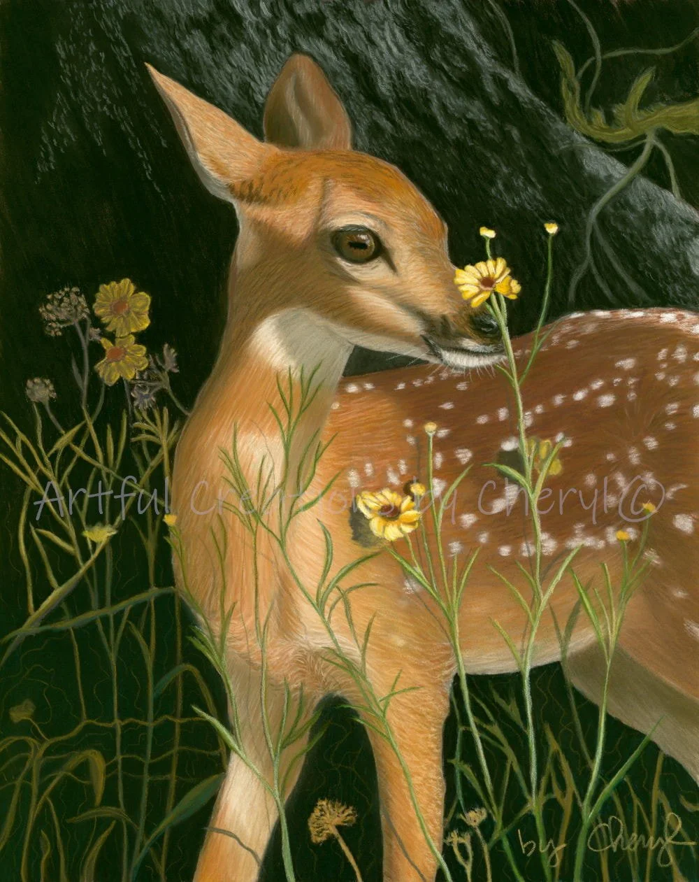 A painting of a young deer with light brown fur and white spots, surrounded by green plants and yellow flowers.