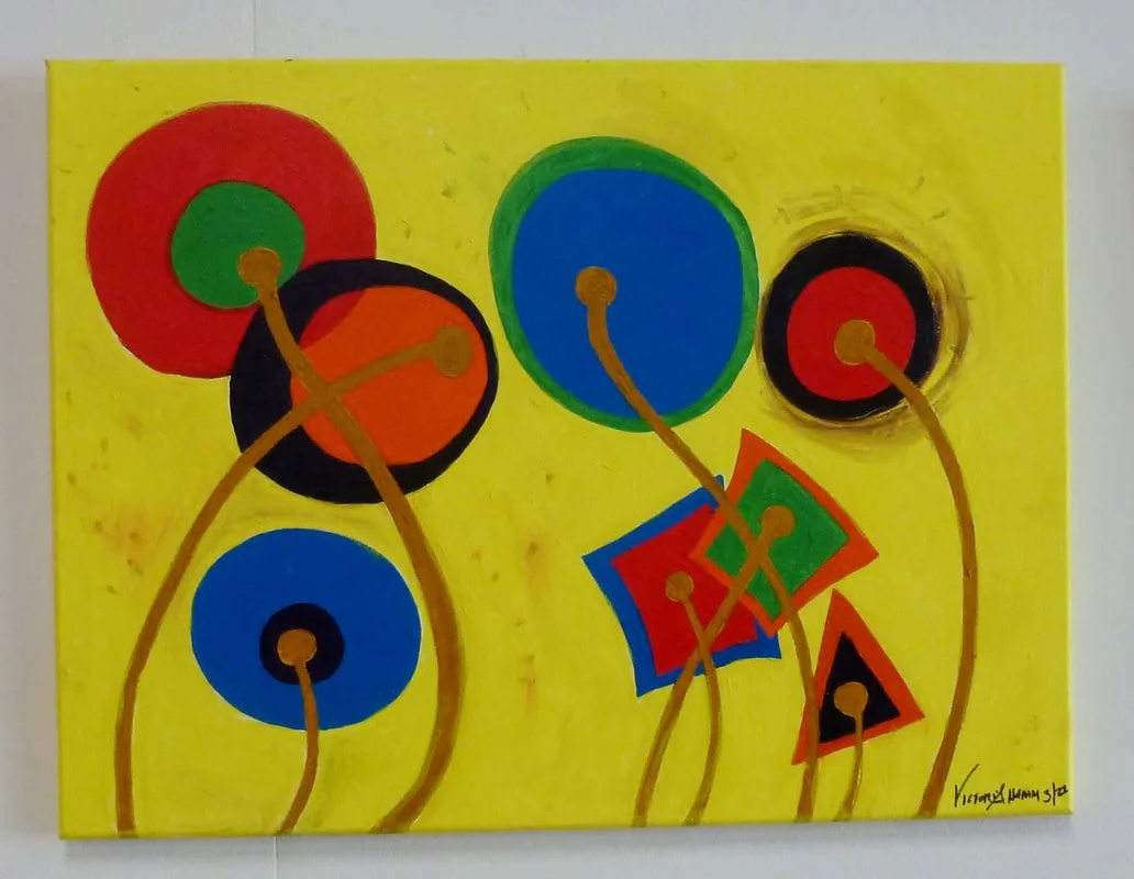 Abstract painting with bright yellow background, featuring colorful circles and squares connected by brown lines, with some shapes outlined in black or red.