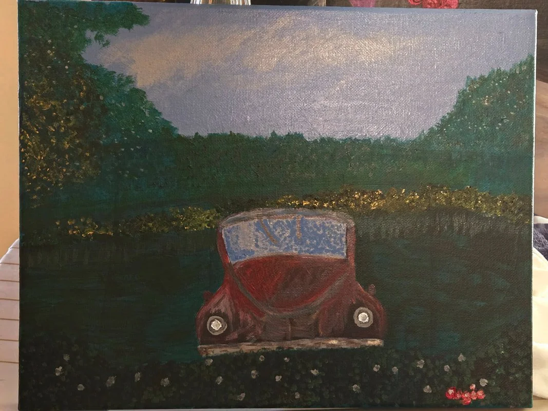 Painting of a red vintage Volkswagen Beetle car parked on a grassy area with bushes and trees in the background, under a cloudy sky.