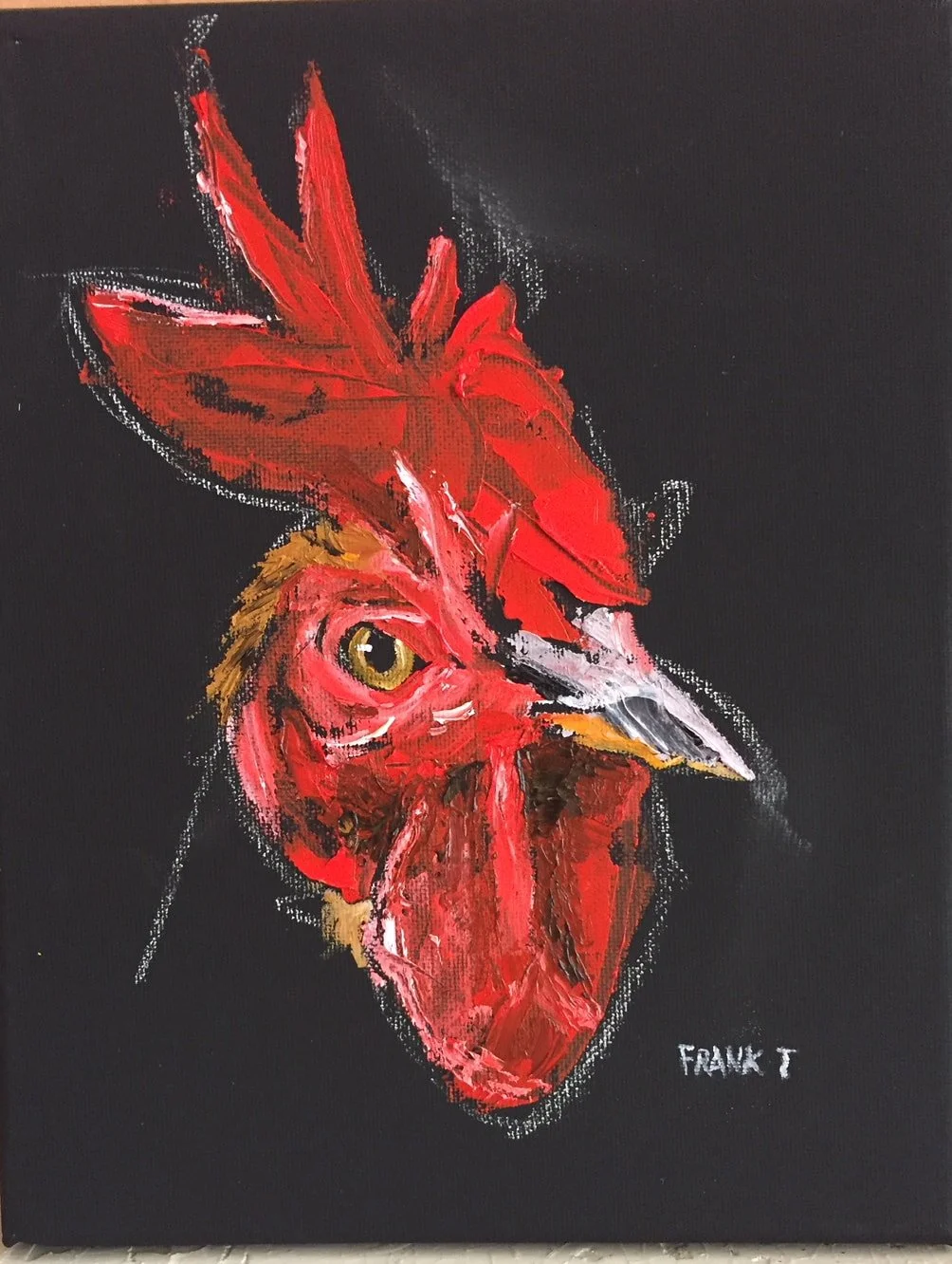 Abstract painting of a rooster's head with a bright red comb and wattles, against a black background. The artist's signature, 'FRANK T', is in the bottom right corner.