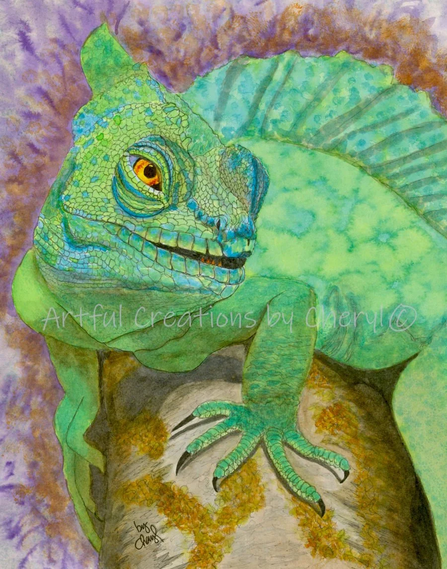 a colorful watercolor painting of a green chameleon with yellow and orange eyes sitting on a branch with a purple and brown background