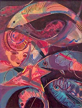 Abstract painting with swirling colorful shapes, including curves, circles, and lines in shades of pink, blue, purple, and yellow.