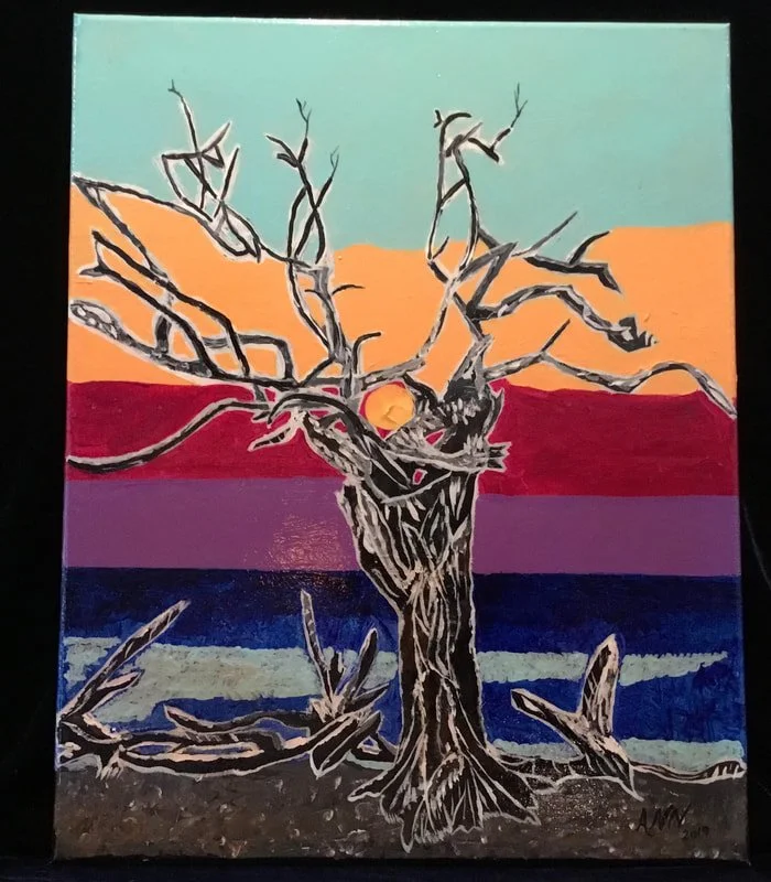 Painting of a leafless tree with twisted branches in front of a colorful sunset or sunrise background featuring layered stripes of orange, red, purple, blue, and beige.