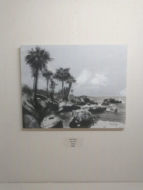 Black and white painting of a coastal scene with palm trees, rocks, and the ocean in the background.