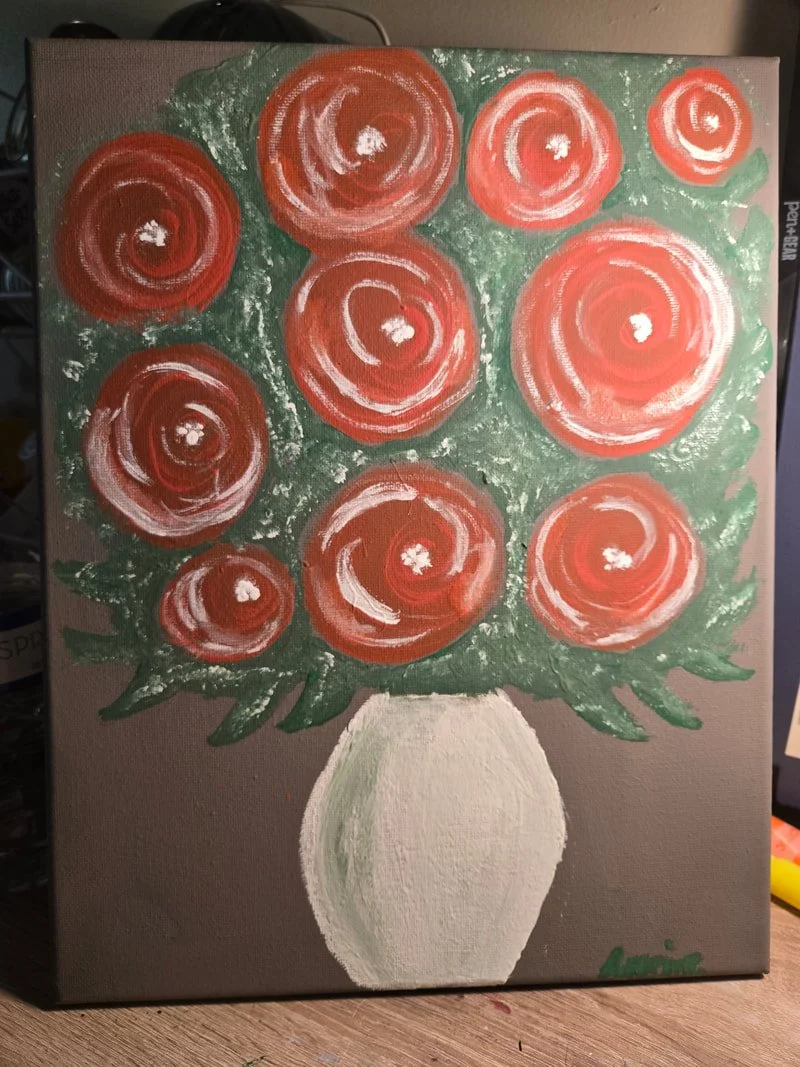 Painting of a white vase holding a bouquet of red-orange roses with green leaves against a gray background.