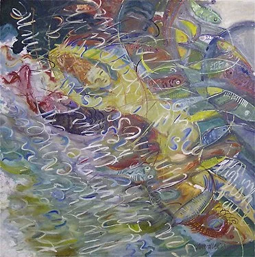 Abstract painting with colorful fish and water, with overlapping lines and text.