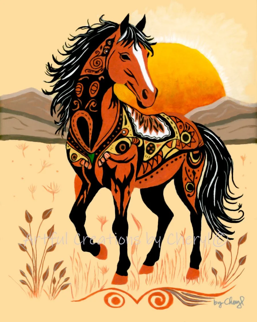 An artistic illustration of a horse with tribal designs and patterns on its body, standing in a desert landscape with mountains and a setting sun in the background.