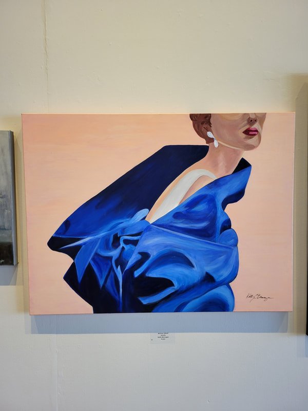 A painting of a woman wearing a blue dress, with part of her face and neck visible, set against a soft pastel background.