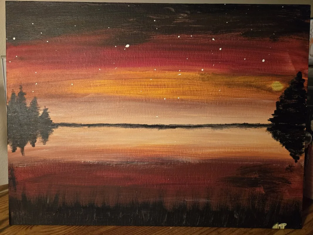 A landscape painting of a sunset over a calm lake with silhouettes of trees on each side, reflecting in the water, and a starry sky with a few clouds.