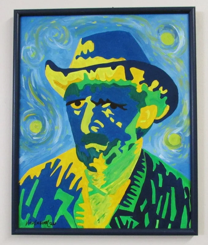 Painted portrait styled like Van Gogh's starry night featuring a man wearing a fedora hat with a serious expression, surrounded by swirling blue and yellow background.
