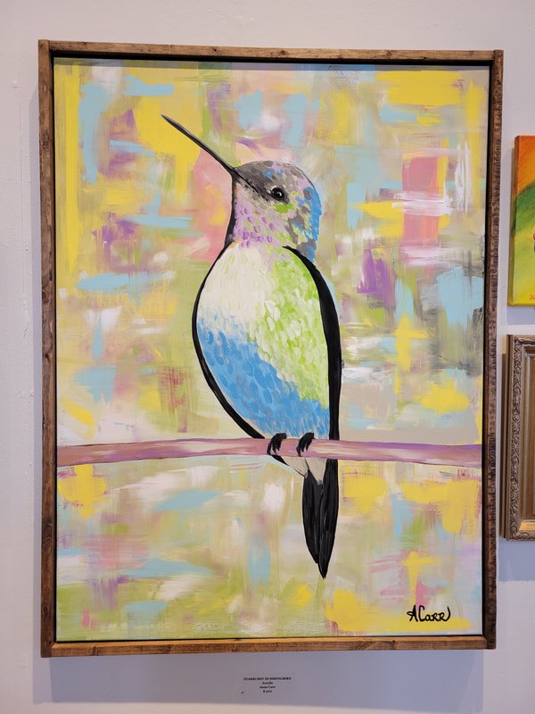 Colorful painting of a hummingbird perched on a branch with a pastel abstract background.
