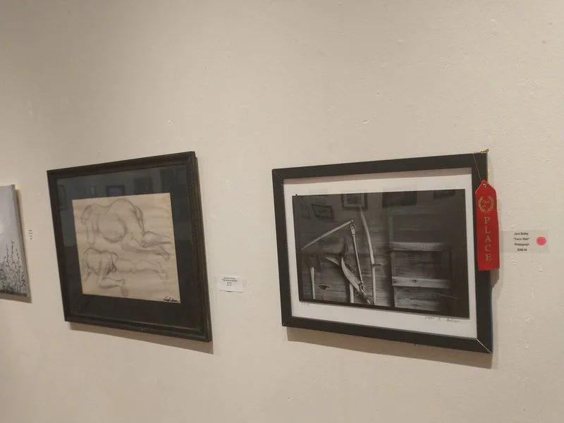 Black and white framed photographs and artwork hanging on a gallery wall, one with a red award ribbon.