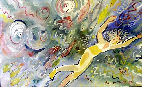Abstract painting of a ballet dancer with a yellow top and white skirt, surrounded by colorful swirls and circles.