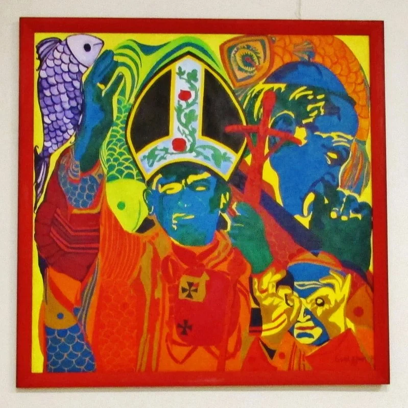 Colorful artwork depicting indigenous people with traditional clothing and headgear, featuring vibrant colors and symbolic elements.
