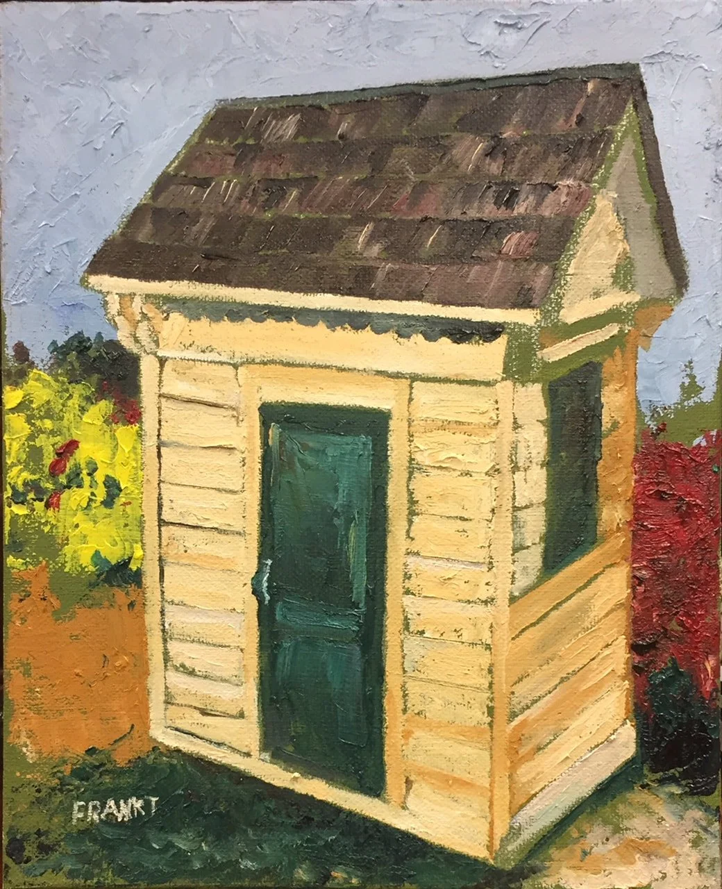 Painting of a small, rustic wooden shed with a dark green door, brown shingle roof, and yellowish siding, surrounded by colorful plants and bushes.