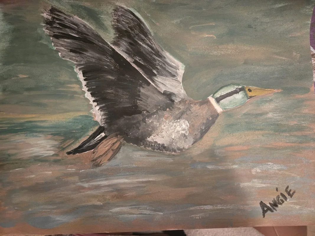 Watercolor painting of a duck in flight with a green and yellow head and black and white wings, signed by the artist Angie.
