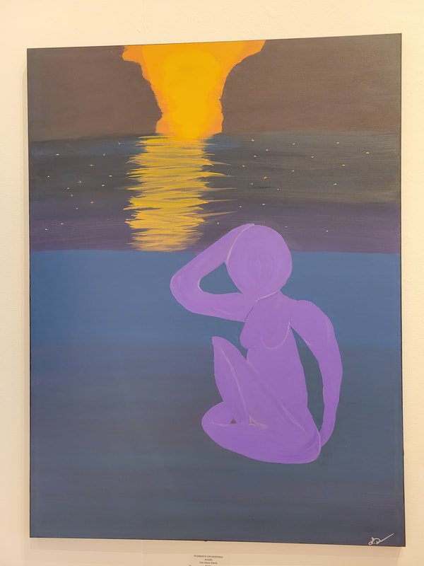 A purple silhouette of a woman sitting with her legs crossed and hand behind her head, against a background of a sunset over a body of water.
