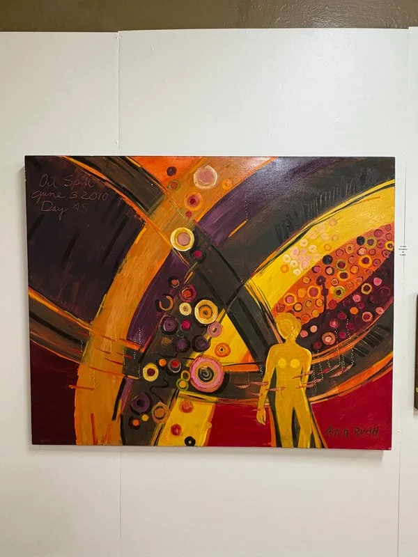 Abstract painting with swirling patterns and vibrant colors, featuring a yellow silhouette of a person standing on the right side, with various circles and lines in orange, purple, red, and yellow.