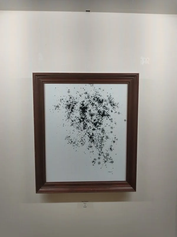 Abstract black splatter paint or ink pattern on a white background, framed in wood, displayed on a gallery wall.