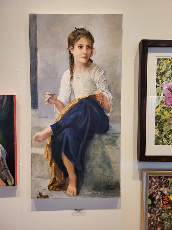 A painting of a young girl with light brown hair, braided on the side, sitting barefoot on a stone step. She is wearing a white blouse and a dark blue skirt with a yellowish-brown garment draped over her lap. She is holding a small object in her righ