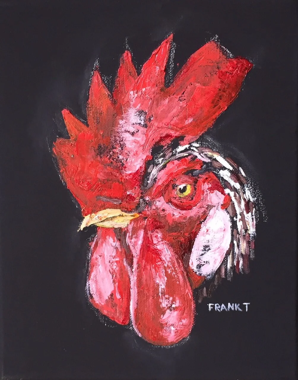 Painting of a rooster with red feathers, a red comb, and a pink and white face, set against a black background. The artist's signature, 'FRANKT,' is at the bottom right.