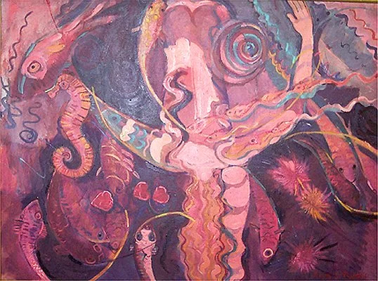 Abstract painting featuring a central human face with eyes, surrounded by swirling shapes, hearts, and colorful patterns in pink, purple, and orange tones.
