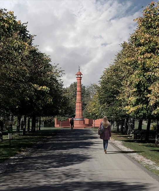 Generated image of paved park pathway lined with trees on both sides, with a woman walking away from the camera and the proposed Muslim monument in the distance under a partly cloudy sky.