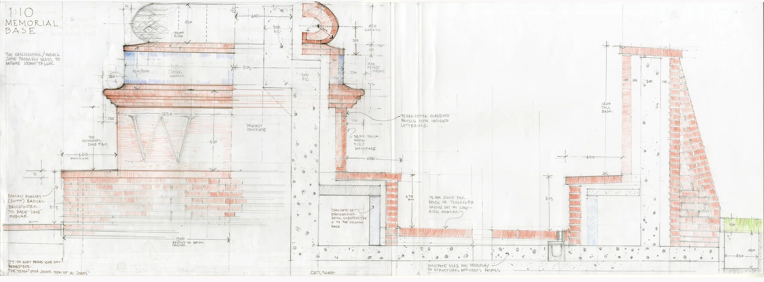 Detailed architectural drawing of the proposed memorial base with annotations and measurements, including brickwork, concrete, and decorative features.