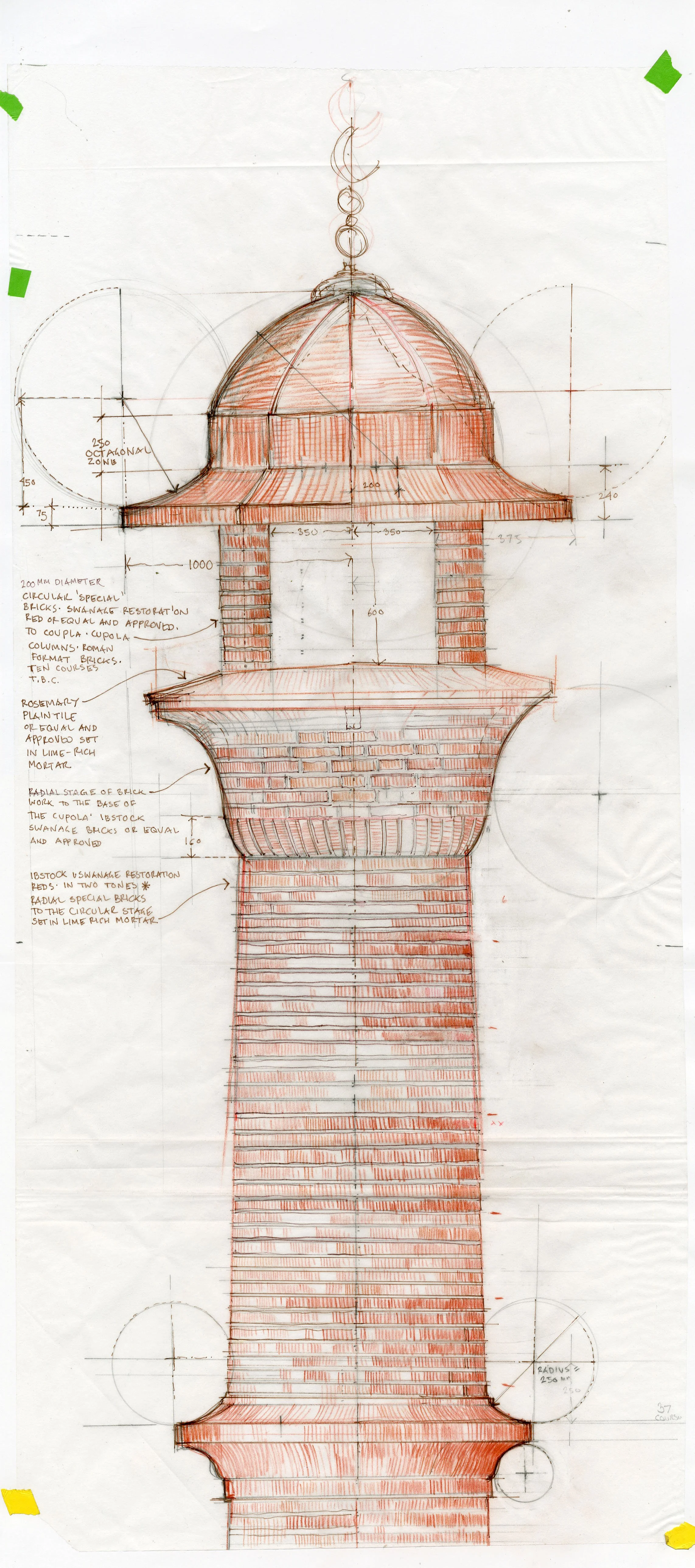 Architectural drawing of the proposed Muslim memorial, a decorative brick tower with detailed measurements and annotations.