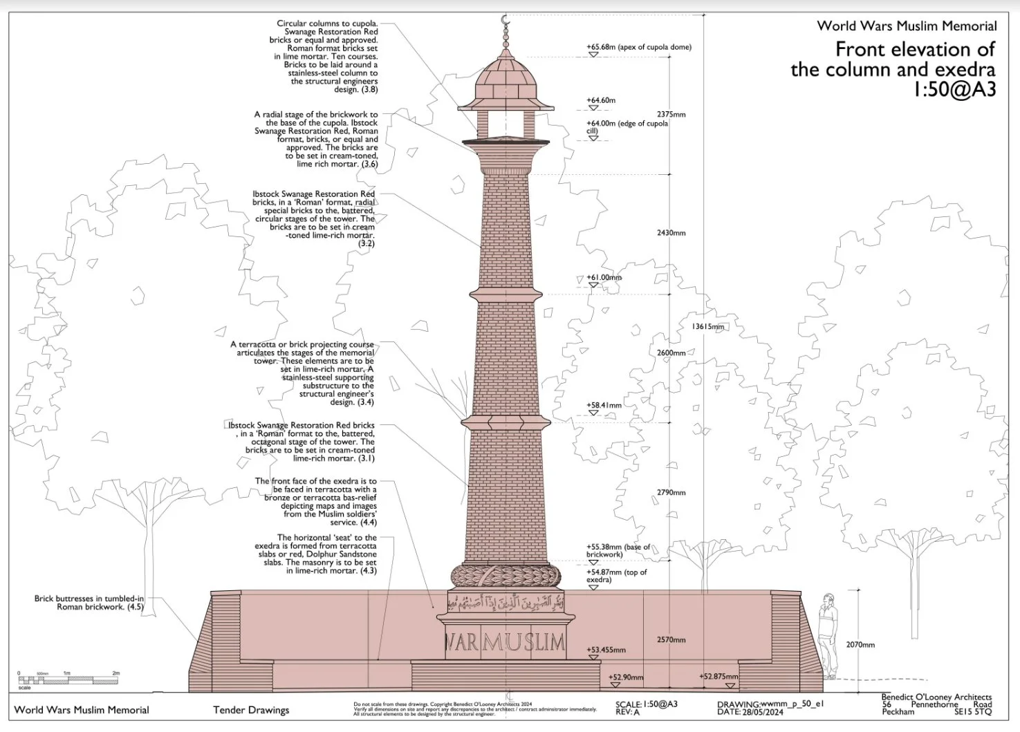 Technical drawing of a memorial tower's front elevation, with annotations and measurements, titled 'World Wars Muslim Memorial,' showing details of the column's construction, materials, and decorative elements.