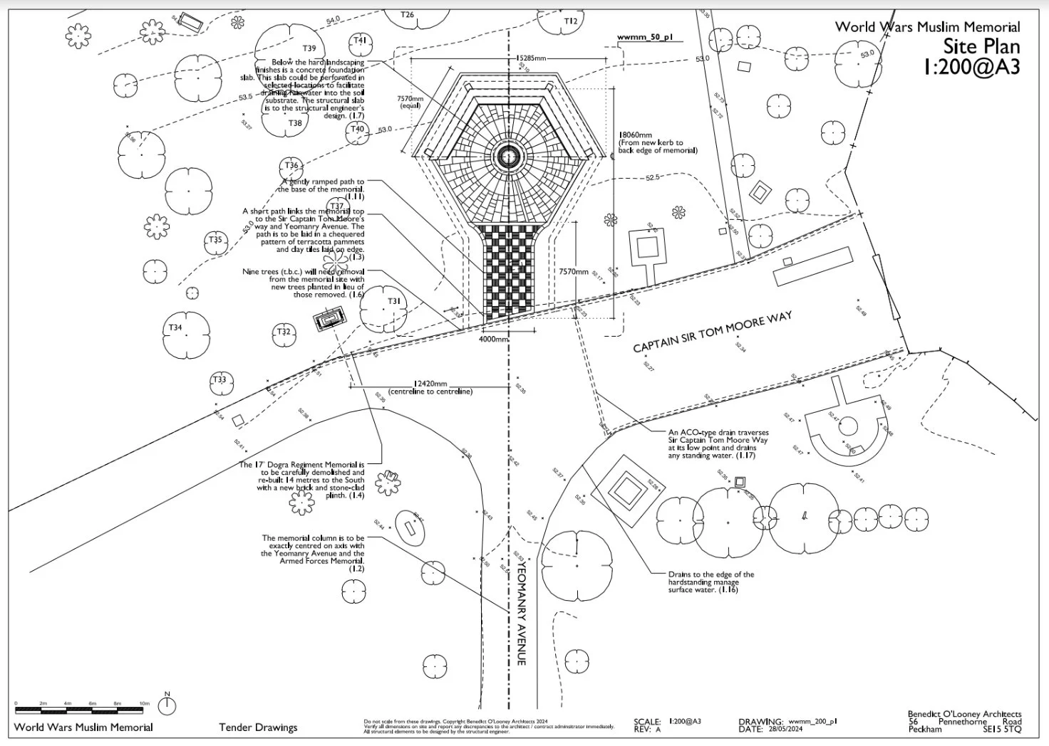 Site plan of the World Wars Muslim Memorial detailing layout, pathways, trees, and structural elements with annotations and measurements.