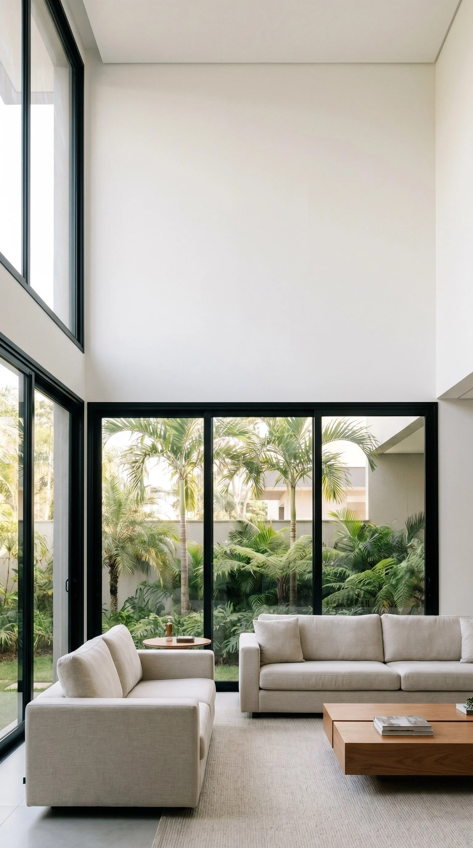Sala de estar moderna com janelas de PVC e vista para jardim verde