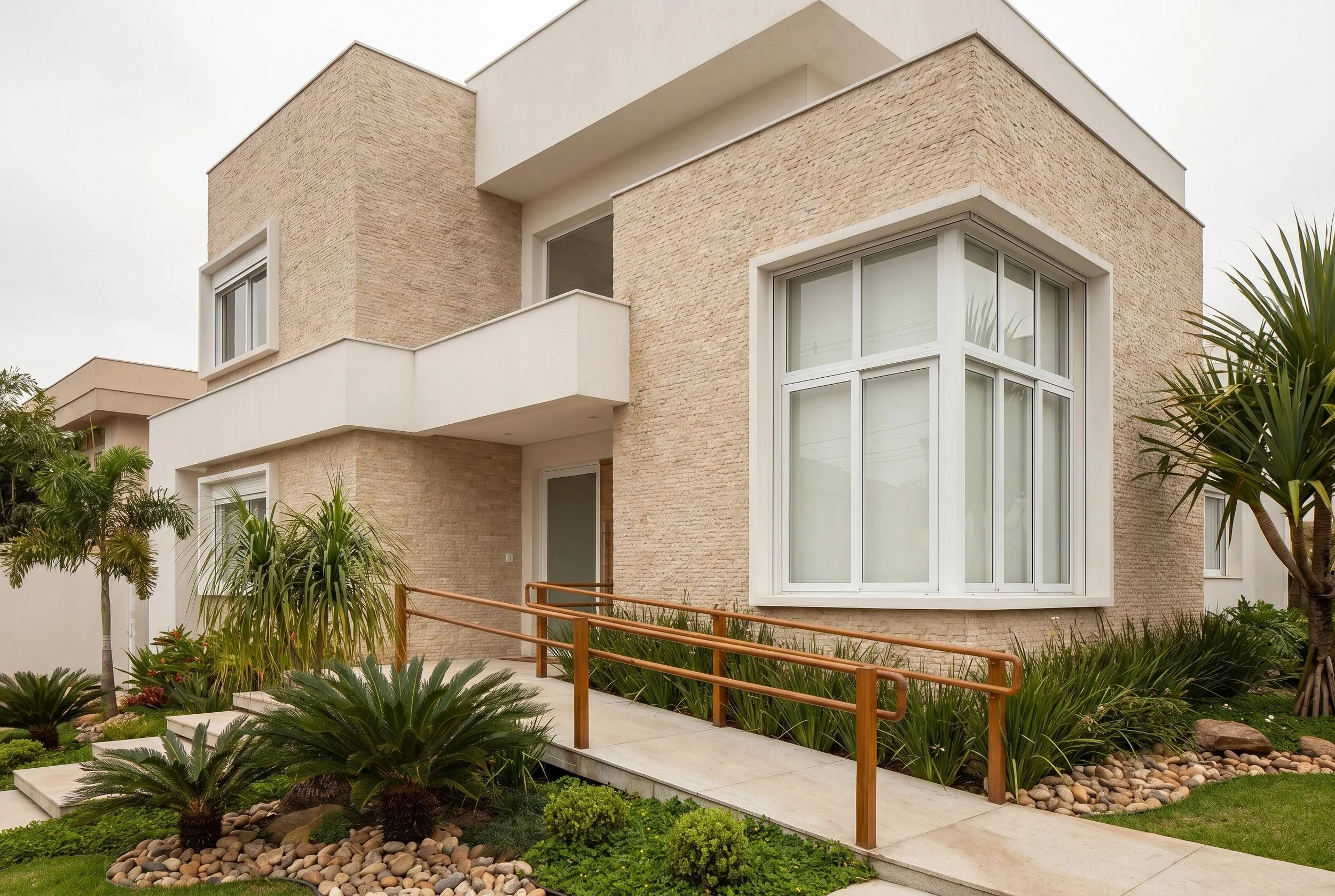 Casa com fachada em tijolo e esquadrias de PVC, jardim frontal com plantas