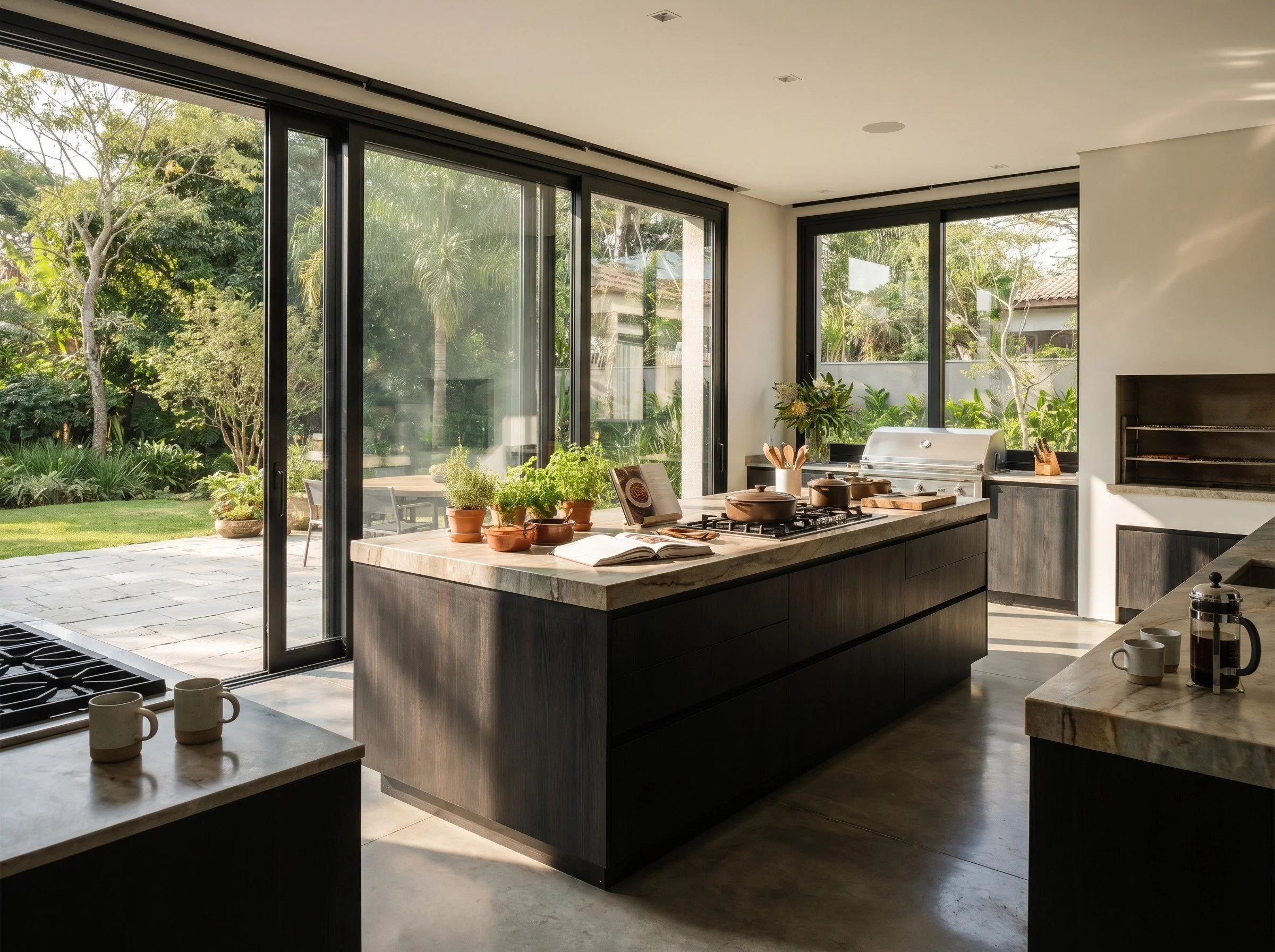 Cozinha moderna com amplas portas de correr em PVC e vidro, integração com área externa e iluminação natural