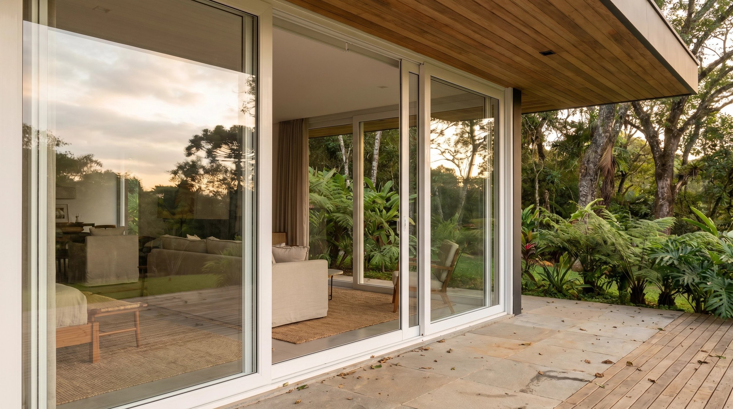 Casa moderna com portas de correr em PVC e vidro abrindo para pátio e jardim