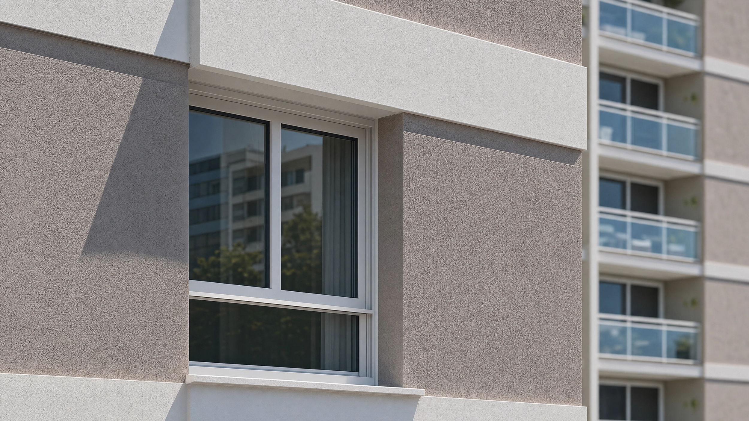Detalhe de janela com esquadria de PVC instalada em fachada urbana contemporânea