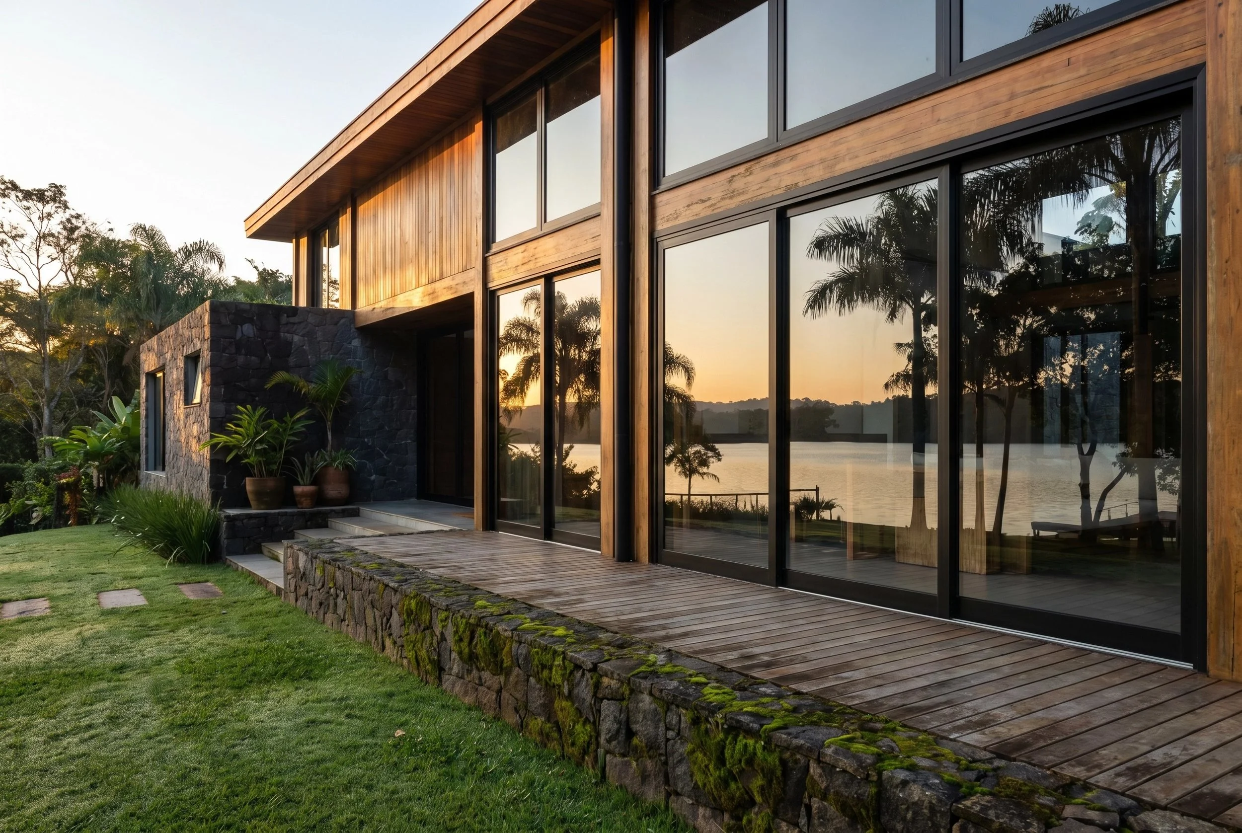 Casa com esquadrias de PVC e vidro, exterior em madeira e pedra, paisagem verde ao pôr do sol