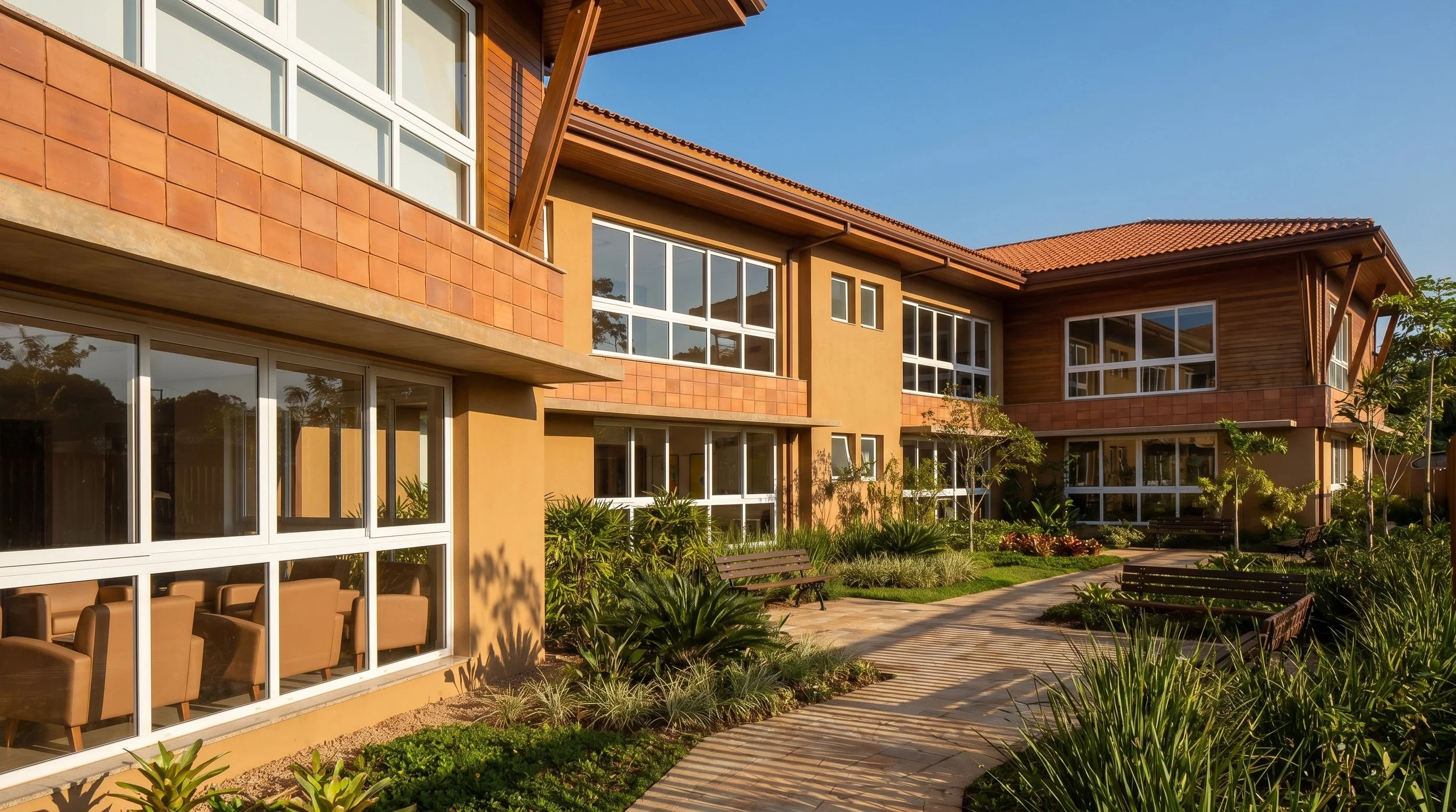 Condomínio residencial com esquadrias de PVC, acabamento em madeira e jardim paisagístico