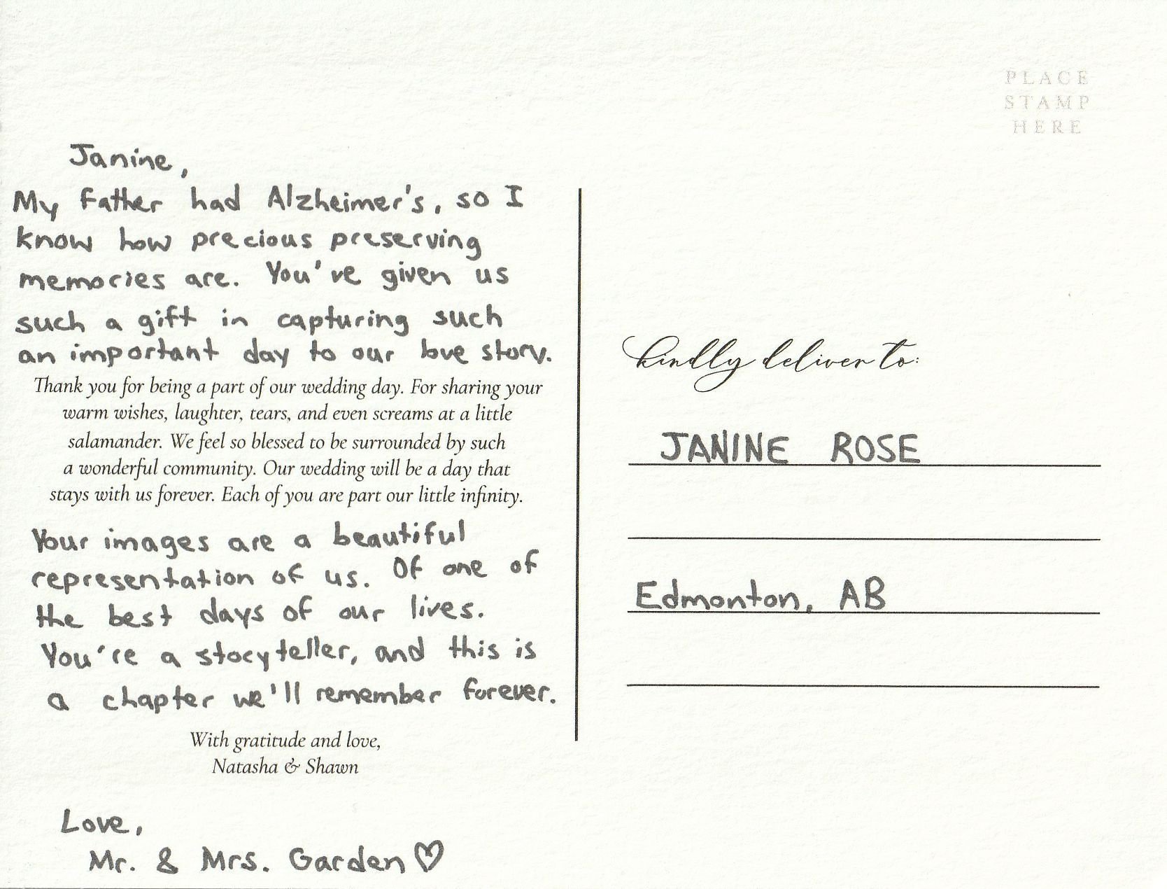 a thank you postcard to edmonton wedding photographer janine rose