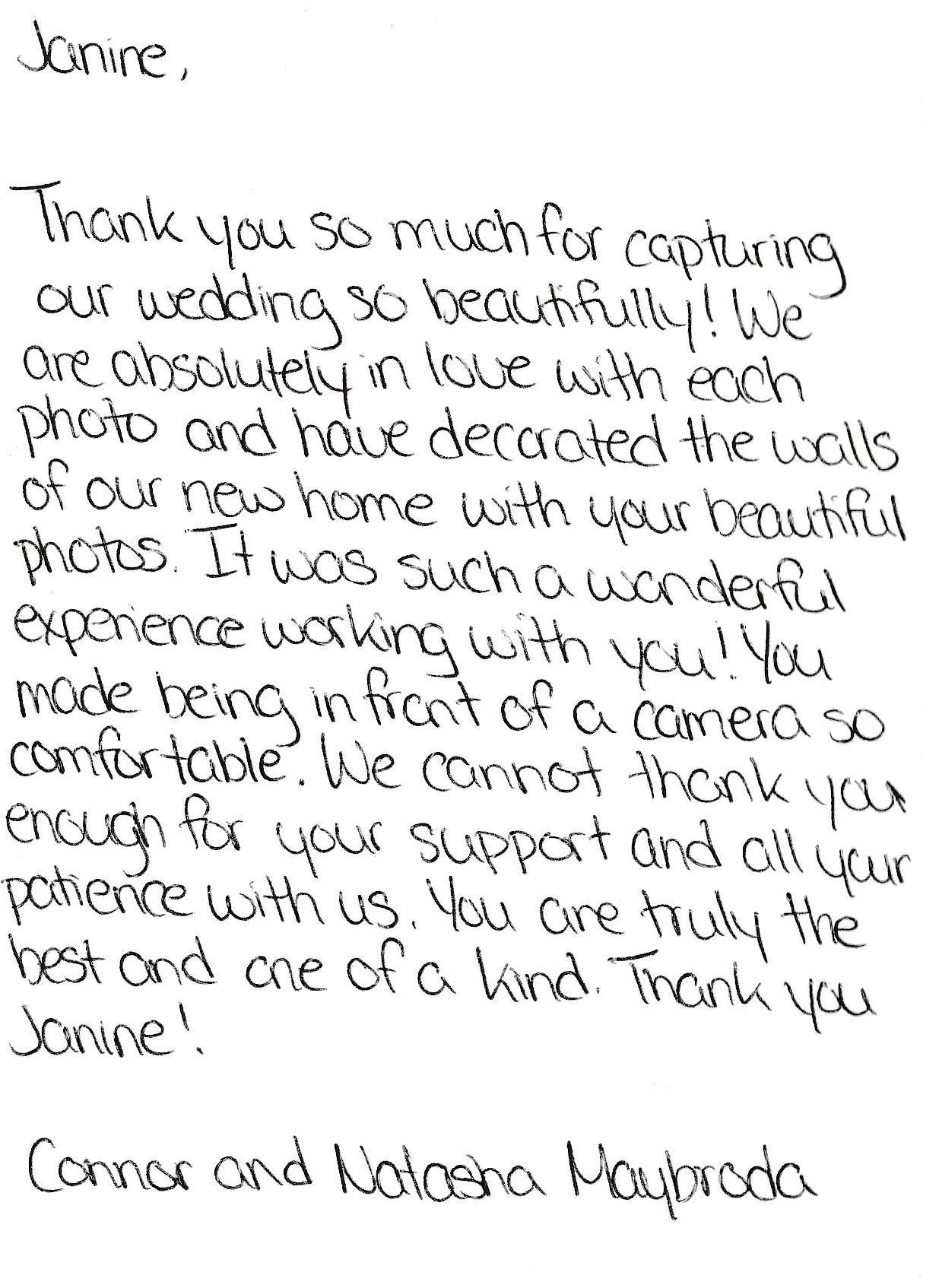a handwritten thank you note