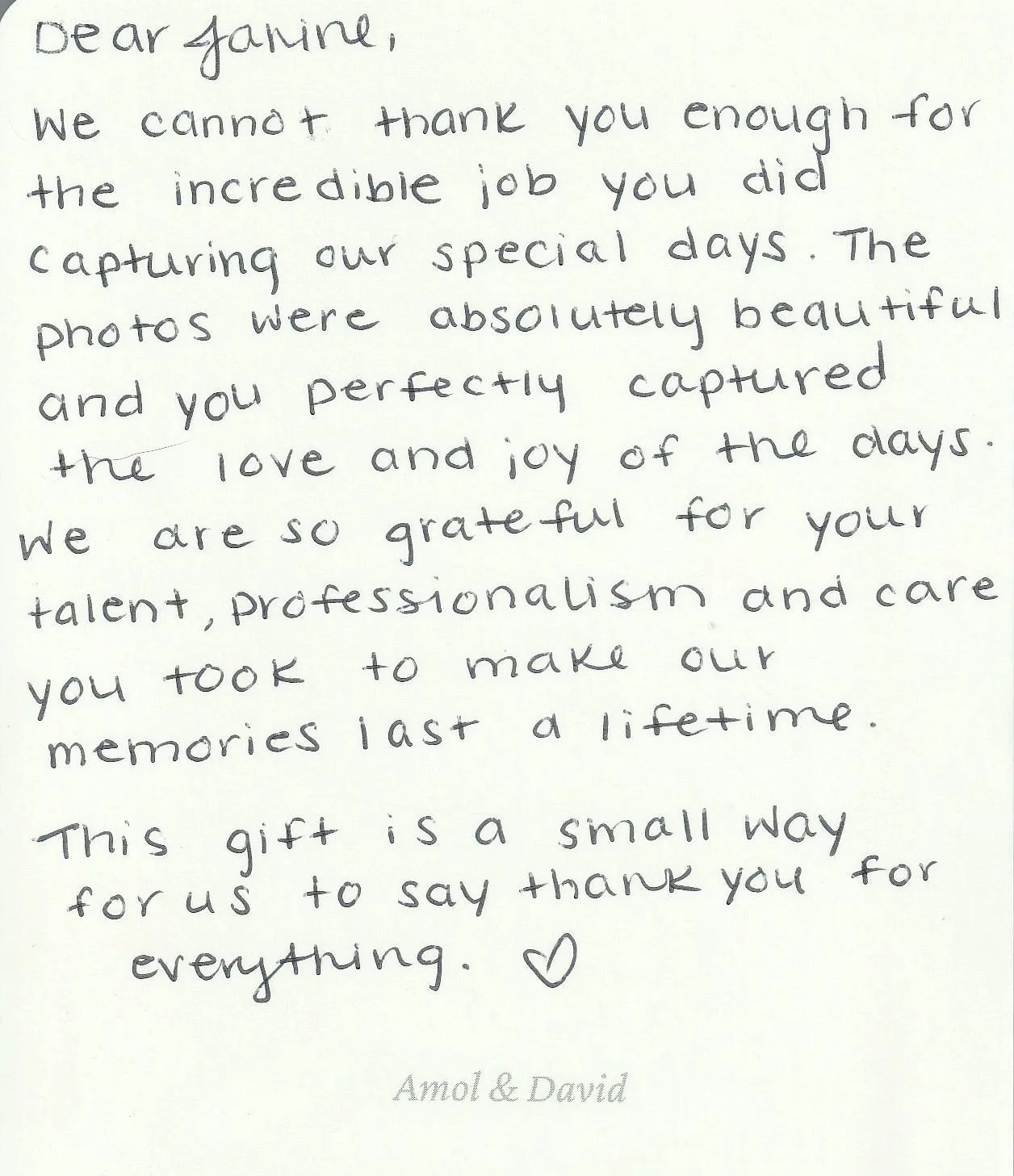 a handwritten thank you note to a wedding photographer
