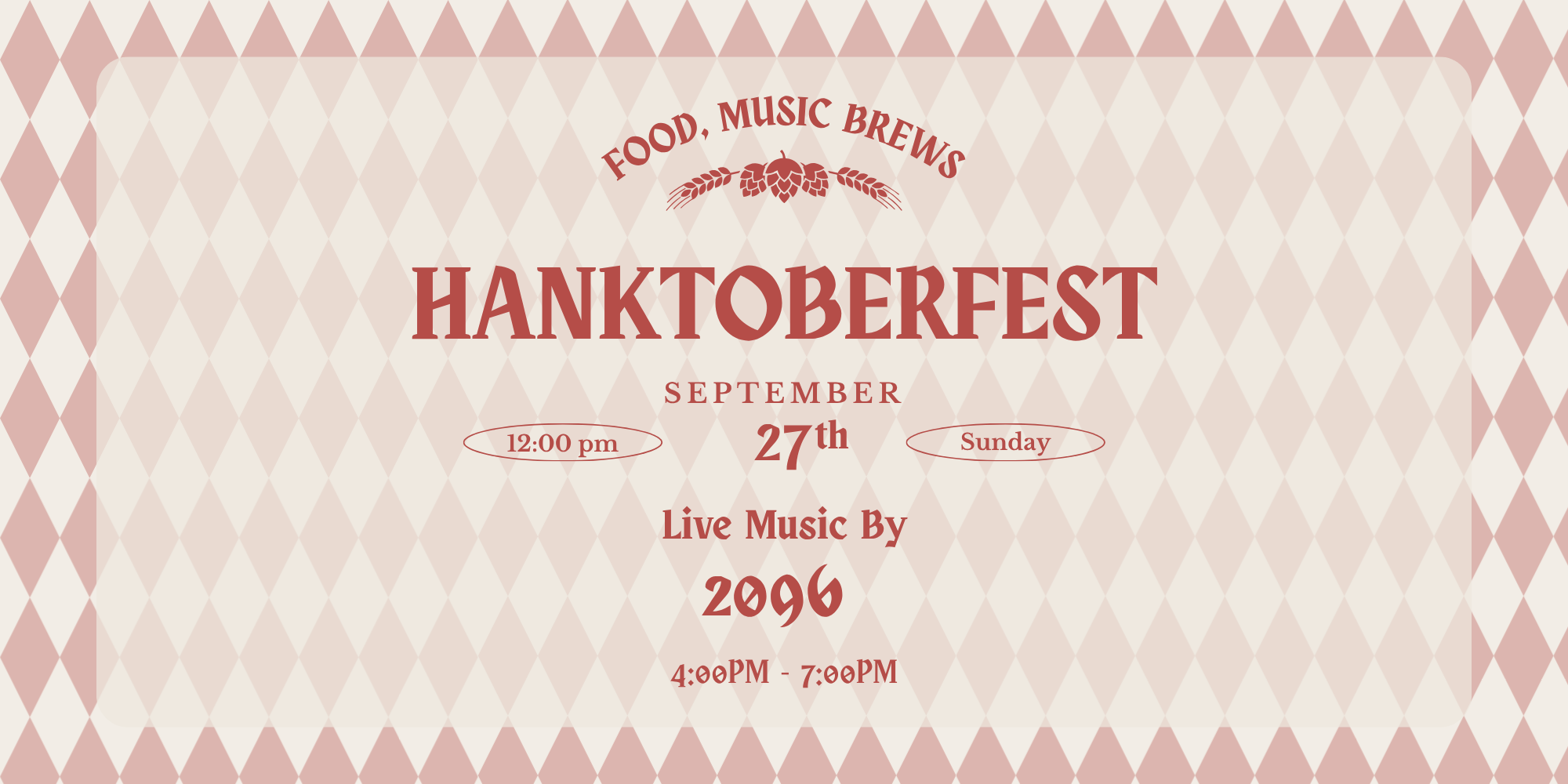 A promotional flyer for a Hcontinue Oktoberfest event featuring food, music, and brews. The event is scheduled for Sunday, September 27th, from 1:30 PM to 3:30 PM, with live music by 2096 at 12:00 PM.